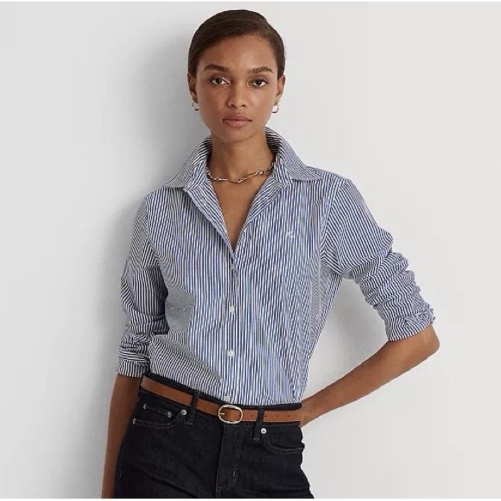 Lauren Ralph Lauren Oxford Womens Large Non Iron Navy White Striped Button Down